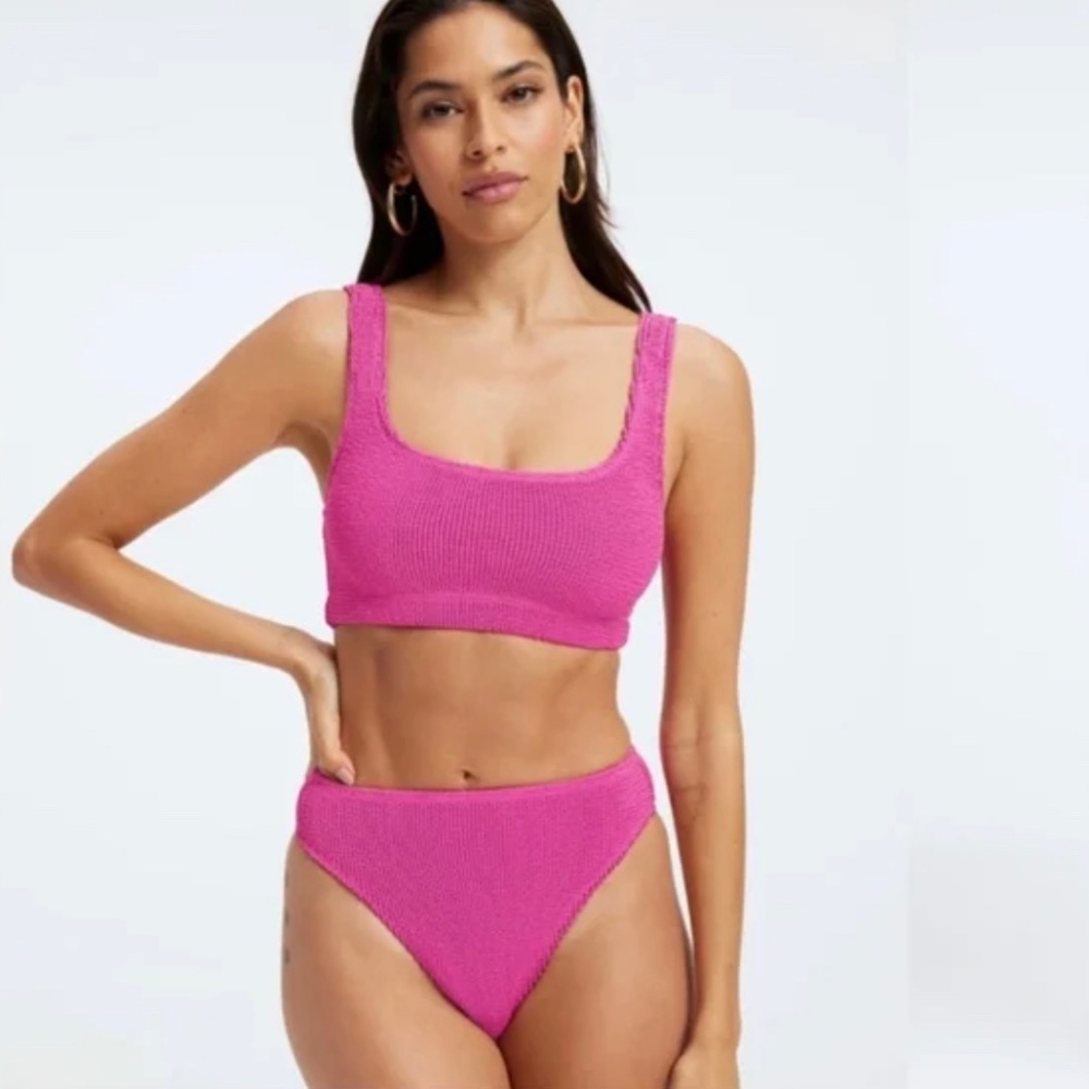 NEW Good America Always Fits Metallic Fuchsia Pink Gold Tank Scoop Swim Top S M